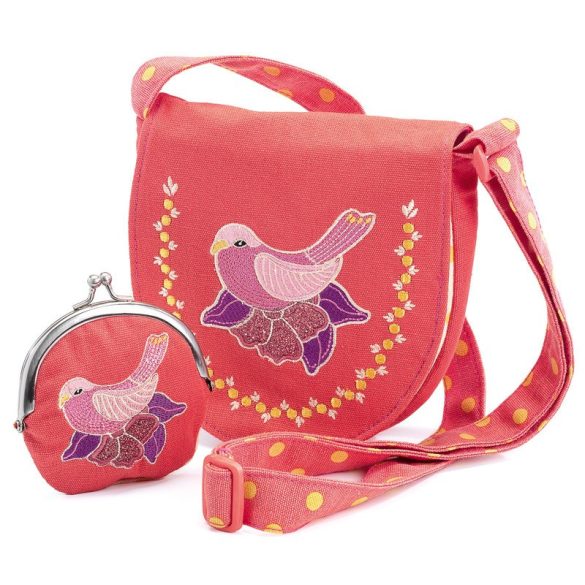 Embroidered bird bag and purse